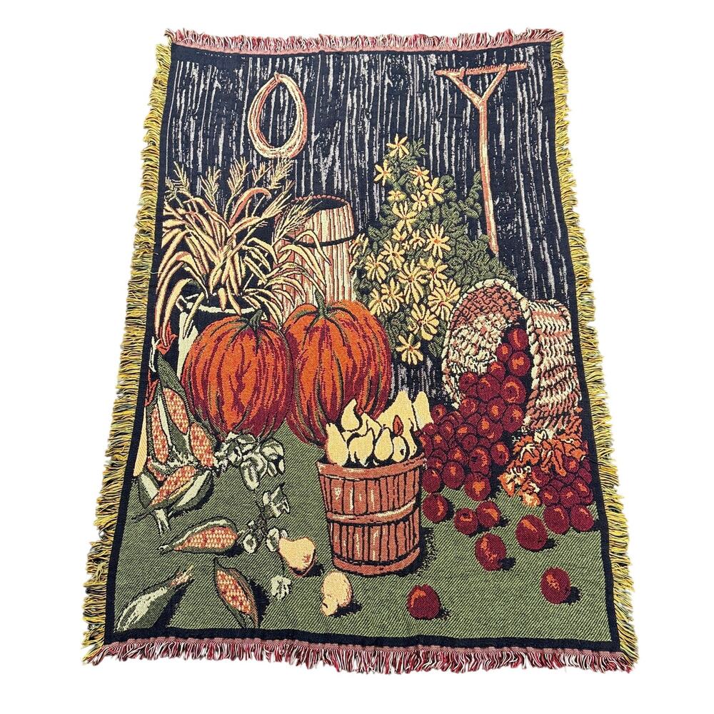 Vintage Fall Harvest Woven Tapestry Throw Blanket Fringed Pumpkins 48" x 68"